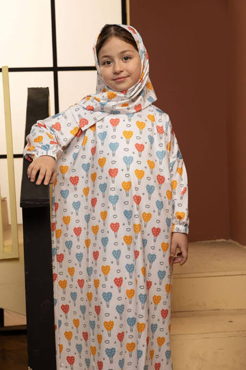 Girls Balloon Printed Prayer Dress with Matching Hijab – Cute Modest Wear for Girls