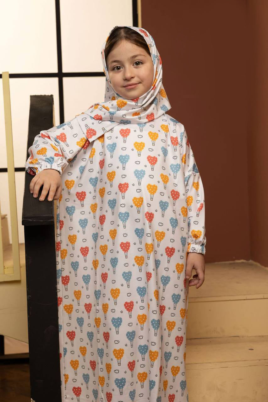 Girls Balloon Printed Prayer Dress with Matching Hijab – Cute Modest Wear for Girls
