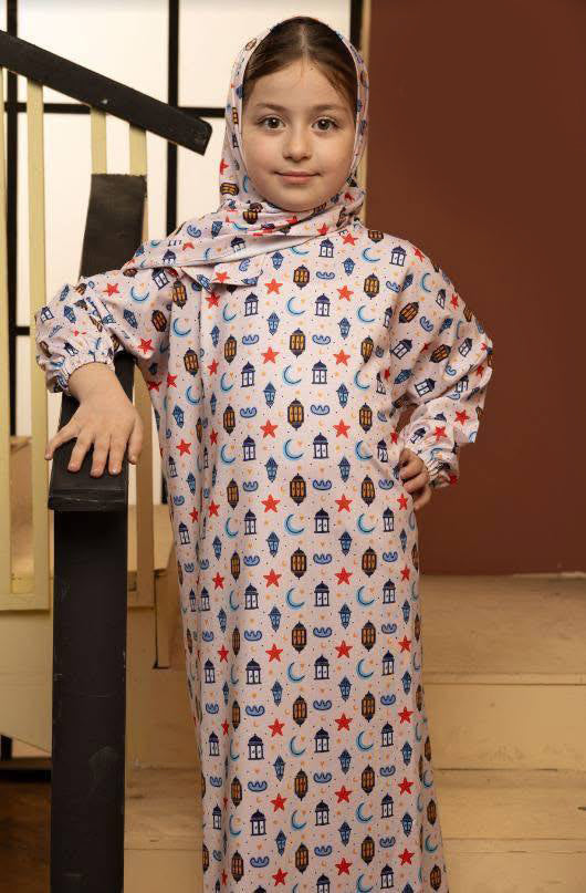 Girls Ramadan Printed Prayer Dress with Matching Hijab – Modest Kids Prayer Outfit
