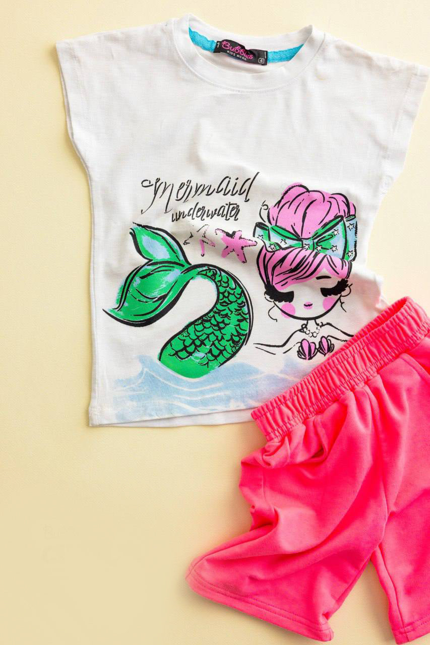 Girls Mermaid Summer Outfit – Cotton Graphic T-Shirt & Pink Shorts