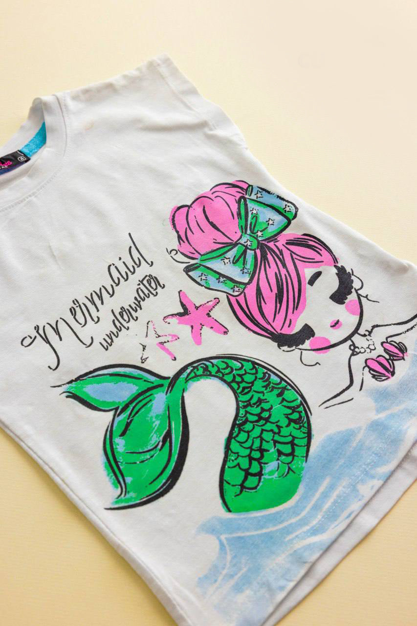 Girls Mermaid Summer Outfit – Cotton Graphic T-Shirt & Pink Shorts