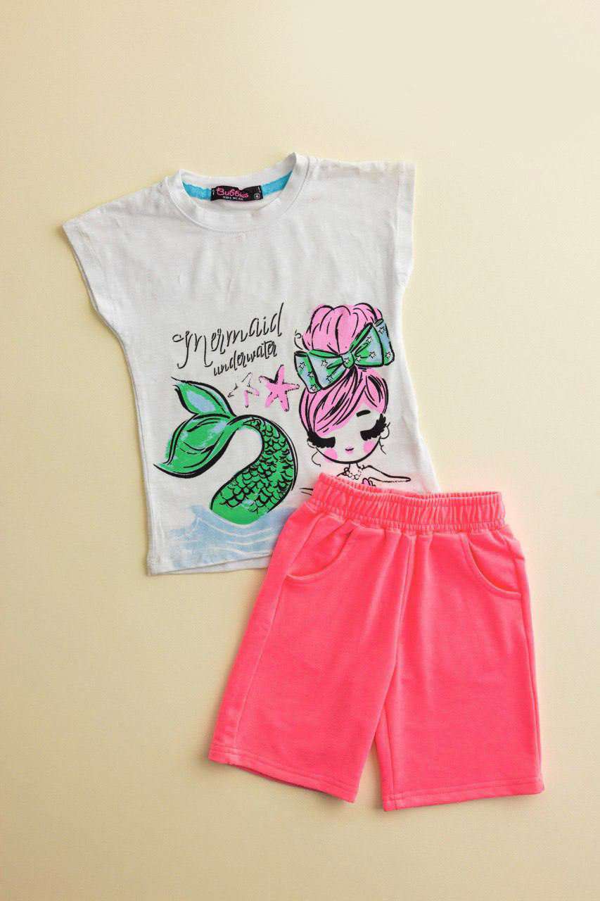 Girls Mermaid Summer Outfit – Cotton Graphic T-Shirt & Pink Shorts