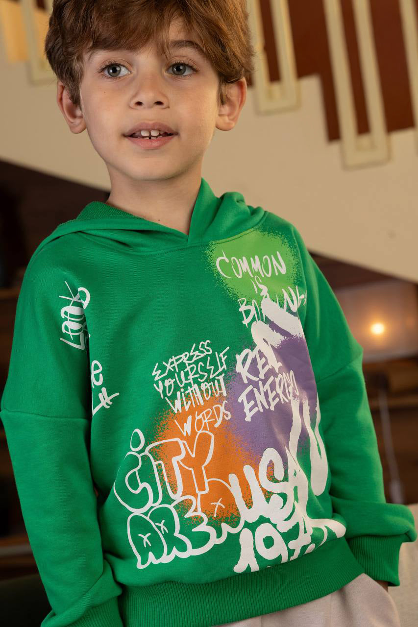 Graffiti Vibes Boys’  Green Hoodie Set – Stylish & Cozy