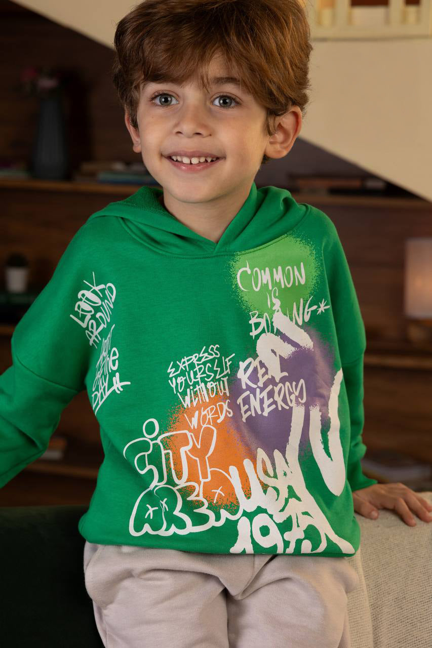 Graffiti Vibes Boys’  Green Hoodie Set – Stylish & Cozy