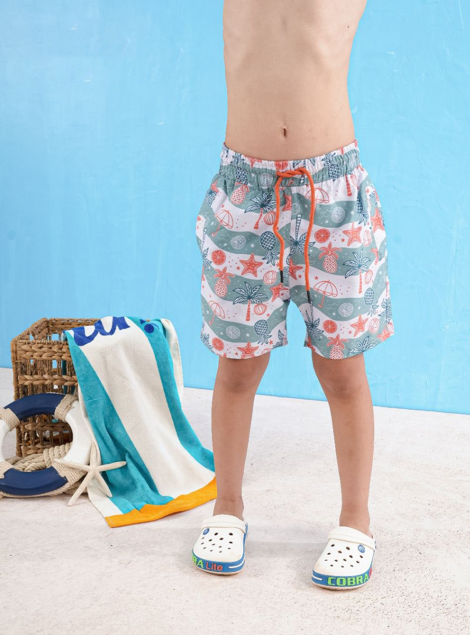Kids’ Beach Paradise Print Swim Shorts – White & Mint