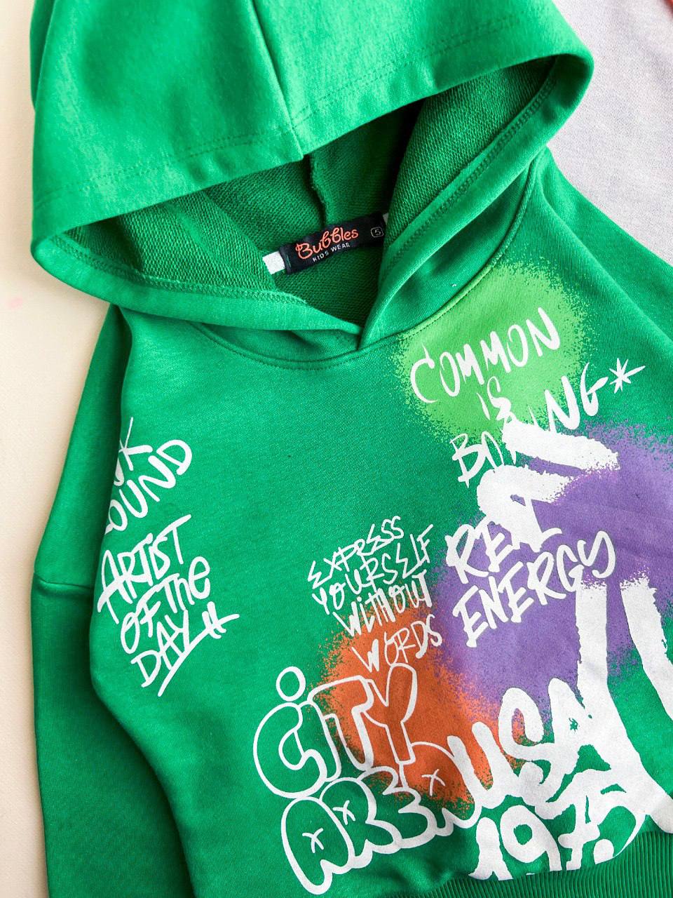 Graffiti Vibes Boys’  Green Hoodie Set – Stylish & Cozy