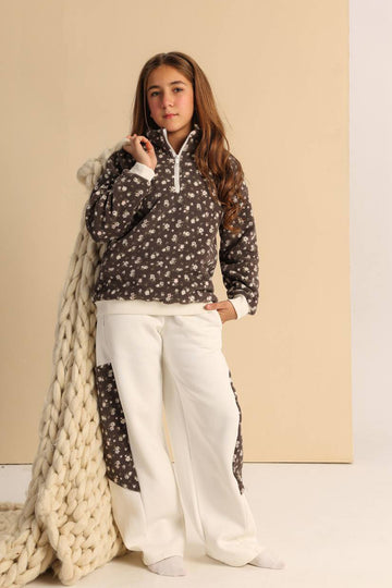 Girls’ Floral Half-Zip & Wide-Leg Pants Set