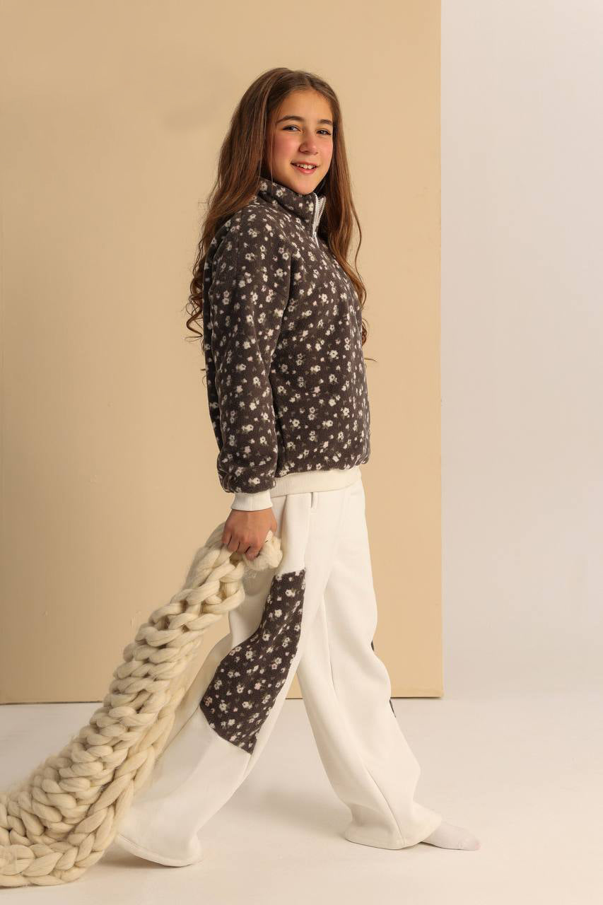 Girls’ Floral Half-Zip & Wide-Leg Pants Set