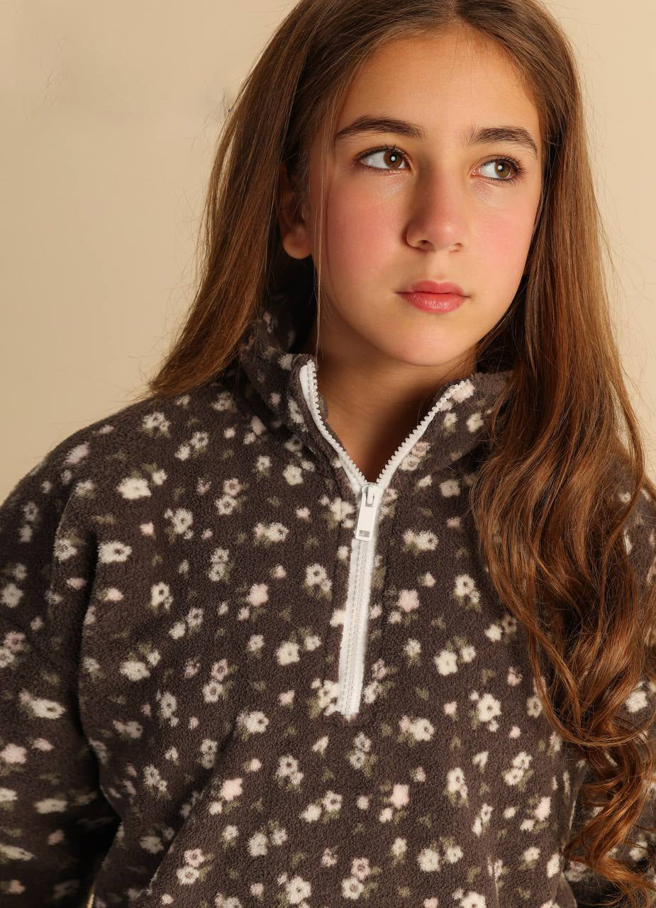 Girls’ Floral Half-Zip & Wide-Leg Pants Set