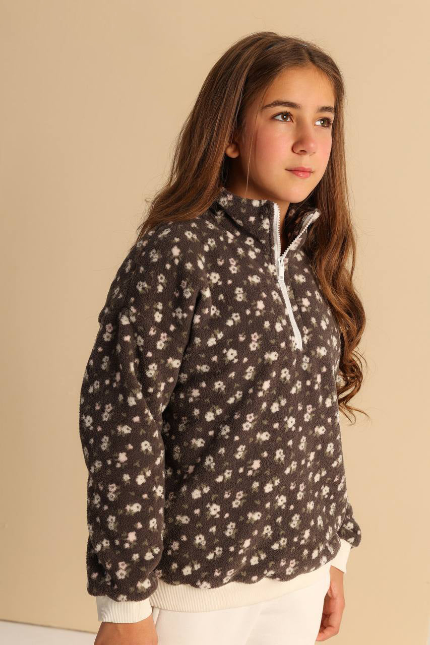 Girls’ Floral Half-Zip & Wide-Leg Pants Set