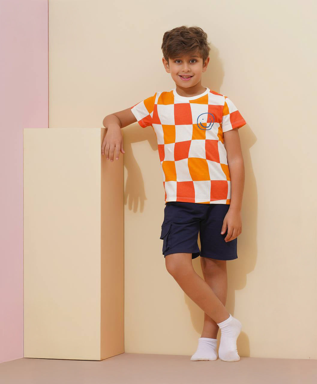 Boys Checkered Smile Summer Set – Graphic Tee & Navy Shorts