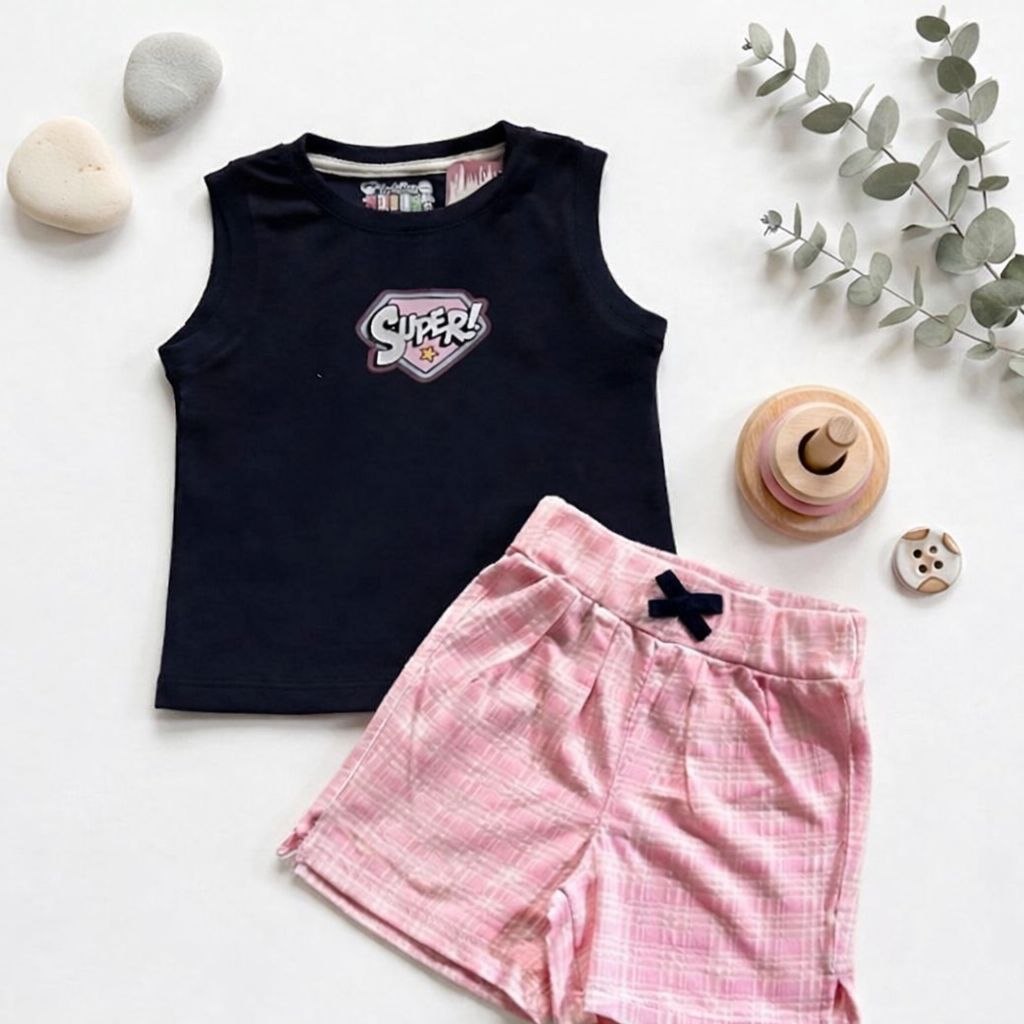 Girls Super navy sleeveless top and pink checkered shorts summer set - Kikidoo Kids Egypt