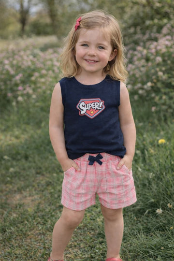 Girls Super navy sleeveless top and pink checkered shorts summer set - Kikidoo Kids Egypt