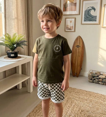 Kids olive t-shirt and checkered shorts summer set - Kikidoo Kids Egypt