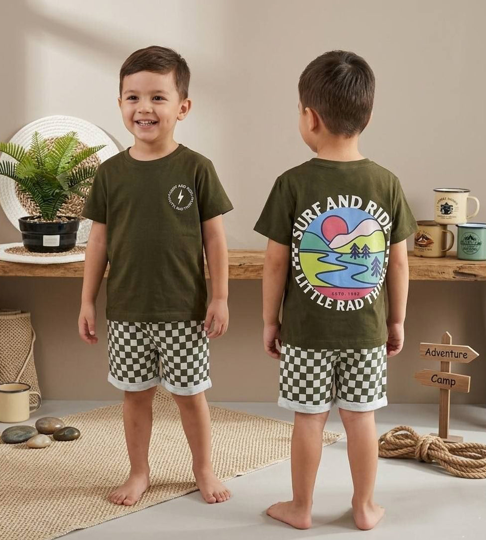 Kids olive t-shirt and checkered shorts summer set - Kikidoo Kids Egypt