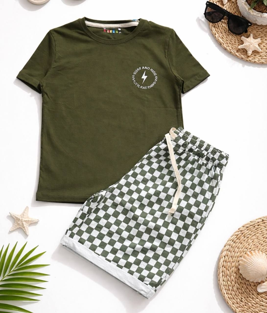 Kids Summer Set – Olive T-Shirt & Checkered Shorts