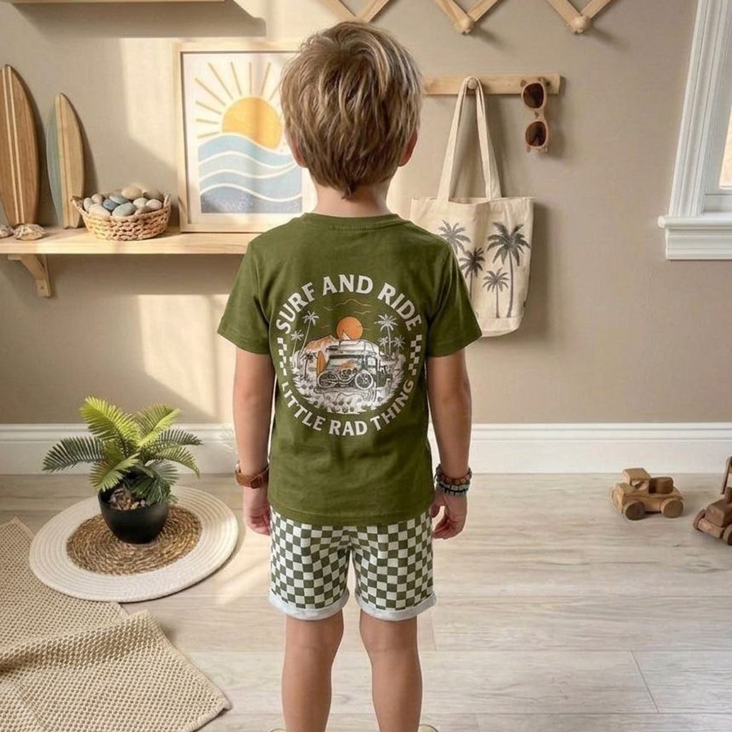 Kids Summer Set – Olive T-Shirt & Checkered Shorts