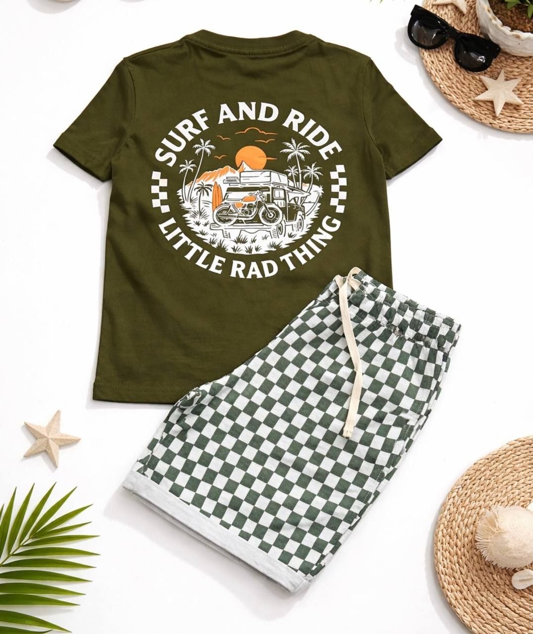Kids Summer Set – Olive T-Shirt & Checkered Shorts