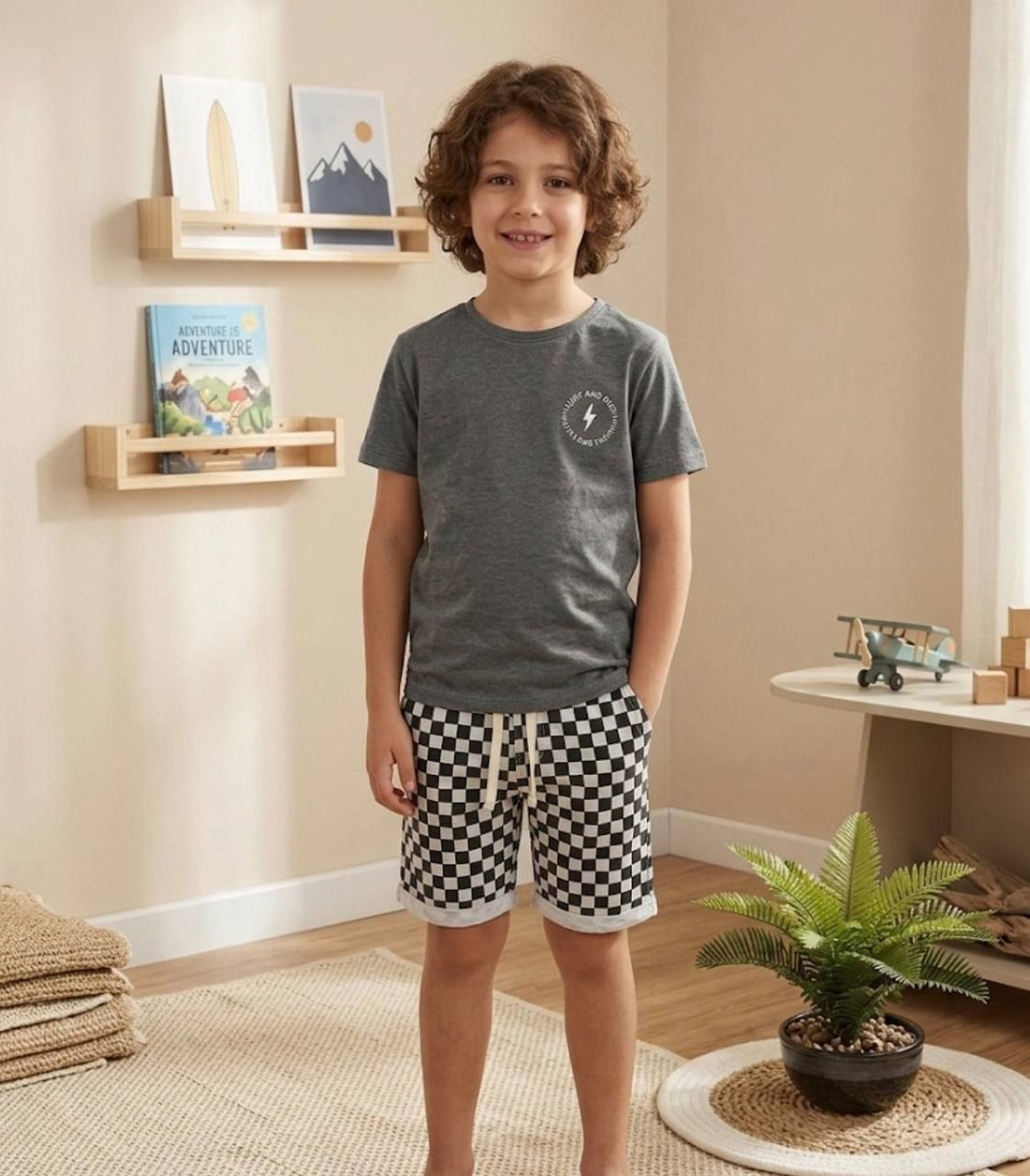 Boys grey t-shirt and checkered shorts casual summer set - Kikidoo Kids Egypt