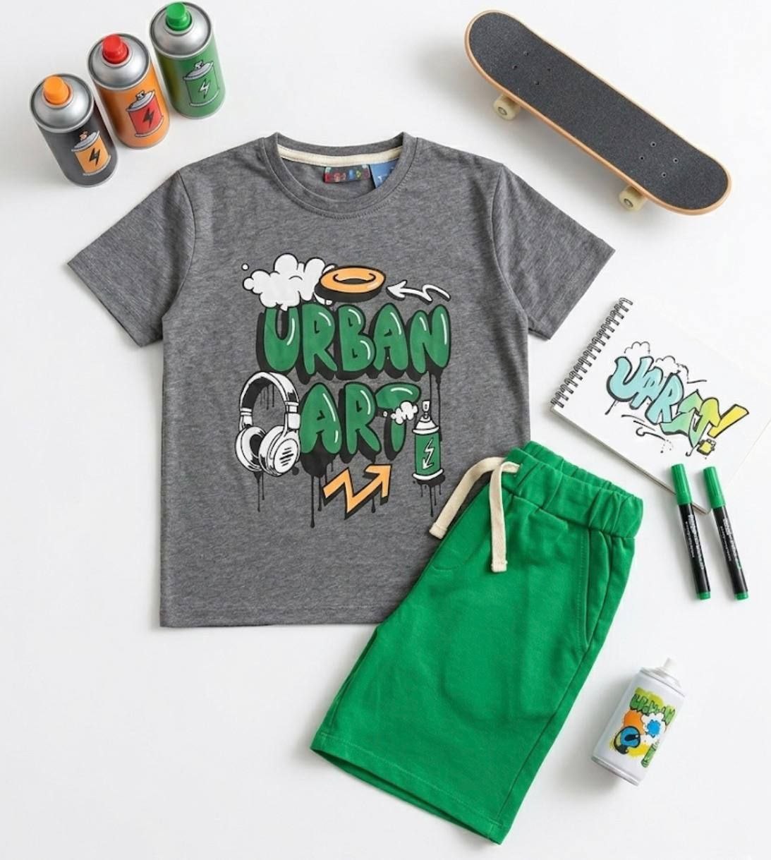 Kids Urban Art grey printed t-shirt and green shorts summer set - Kikidoo Kids Egypt