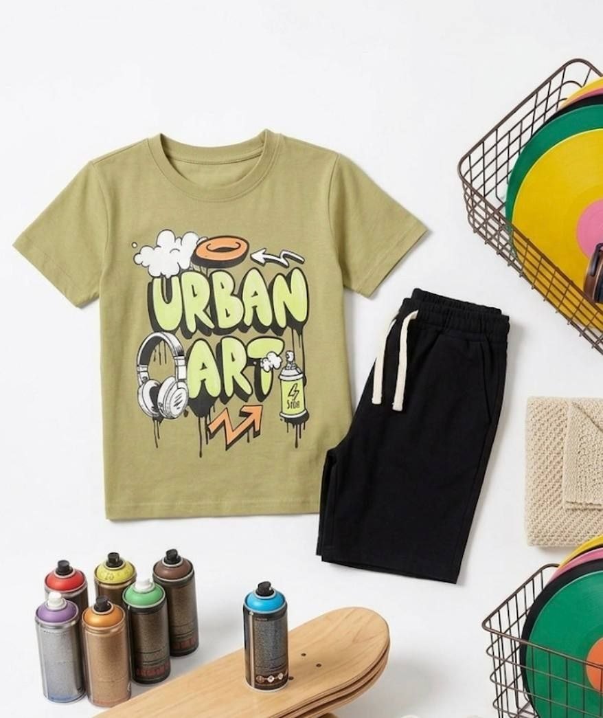 Kids Urban Art olive green t-shirt and black shorts summer set - Kikidoo Kids Egypt