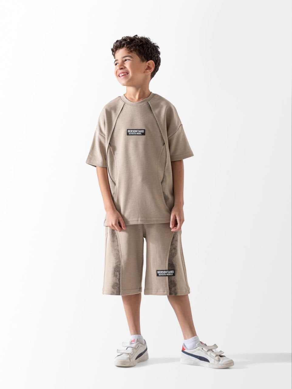 Kids beige stitch design sport t-shirt and shorts summer set - Kikidoo Kids Egypt