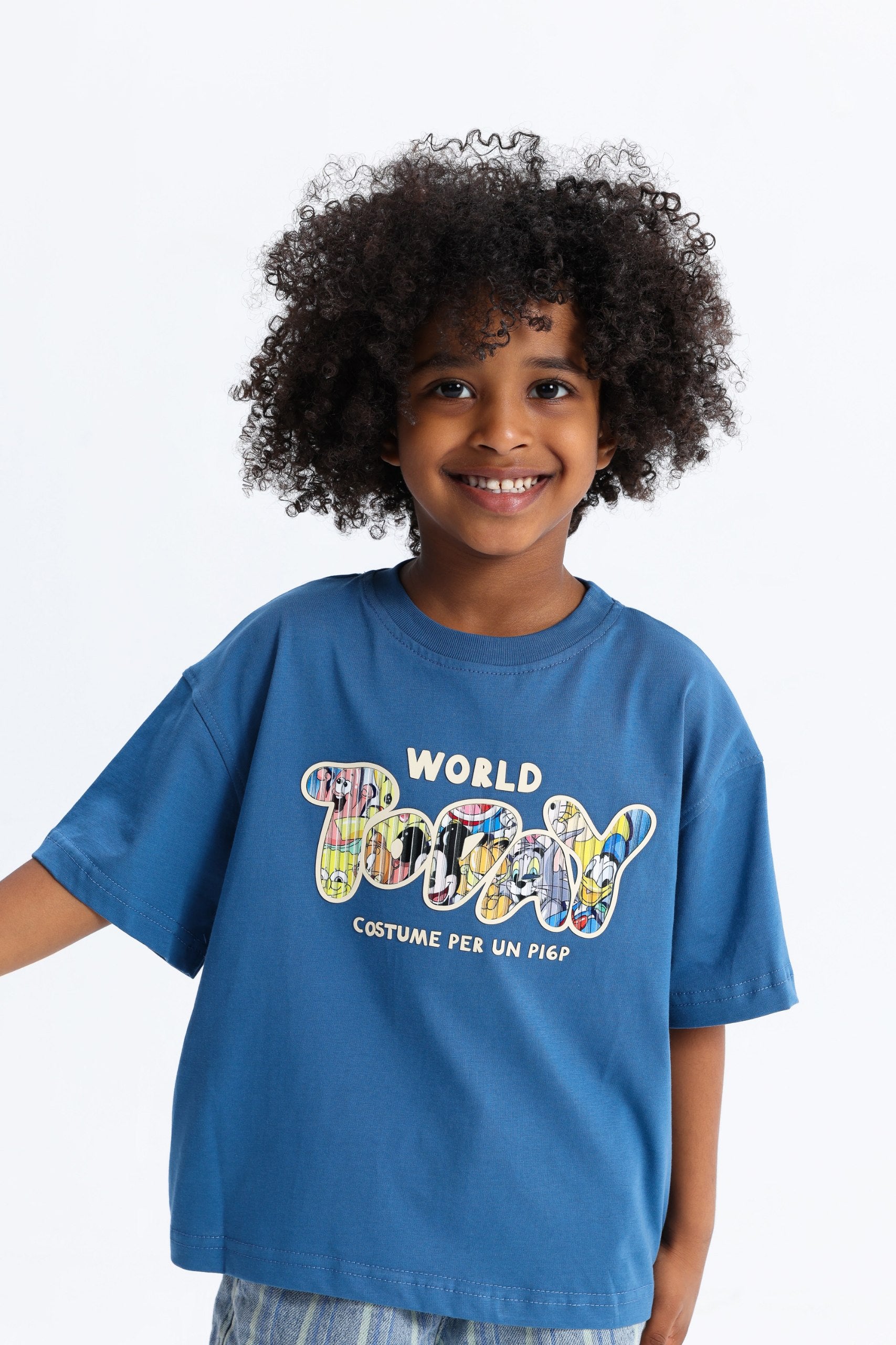 Kids Cartoon Graphic T-Shirt – Blue Oversized Casual Tee