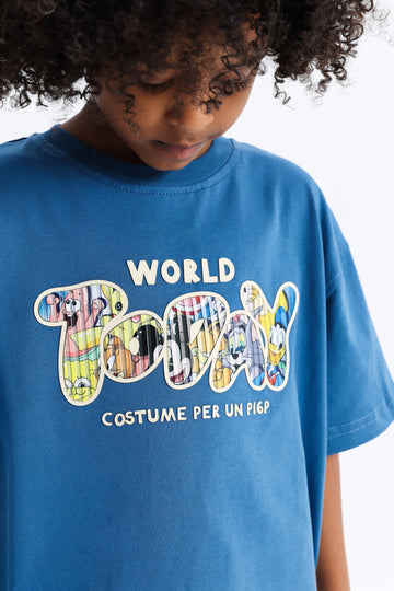 Kids Cartoon Graphic T-Shirt – Blue Oversized Casual Tee