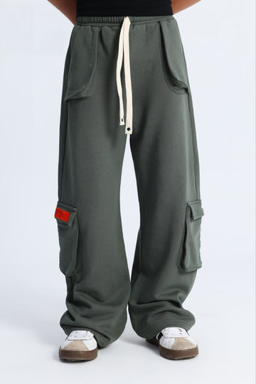 Kids Wide Leg Cargo Sweatpants – Olive Green Streetwear Pants