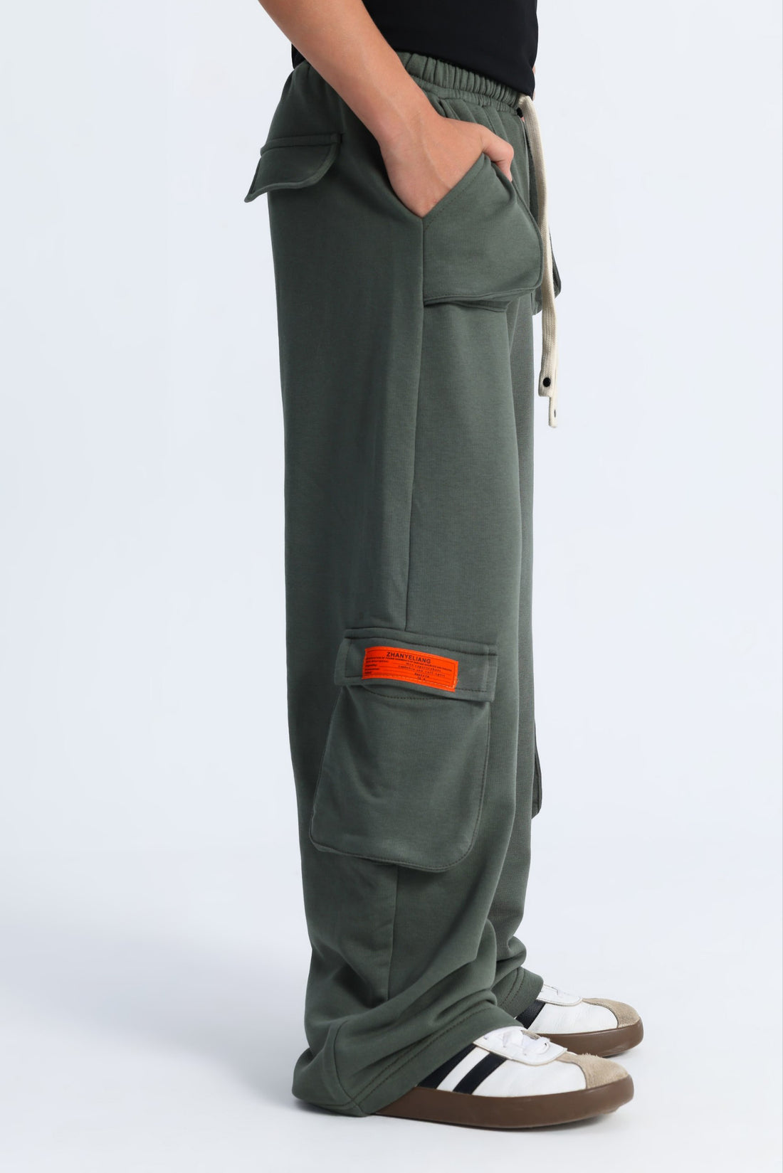 Kids Wide Leg Cargo Sweatpants – Olive Green Streetwear Pants