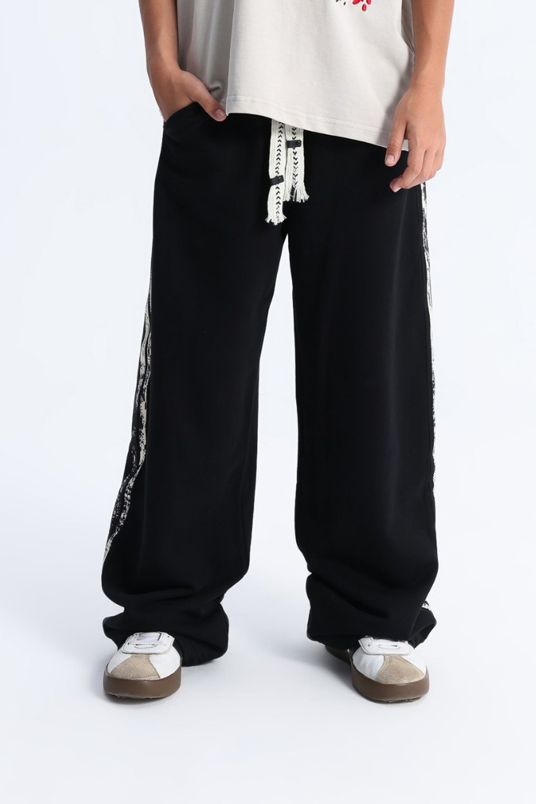 Kids Wide Leg Track Pants – Black Side Stripe Streetwear Pants