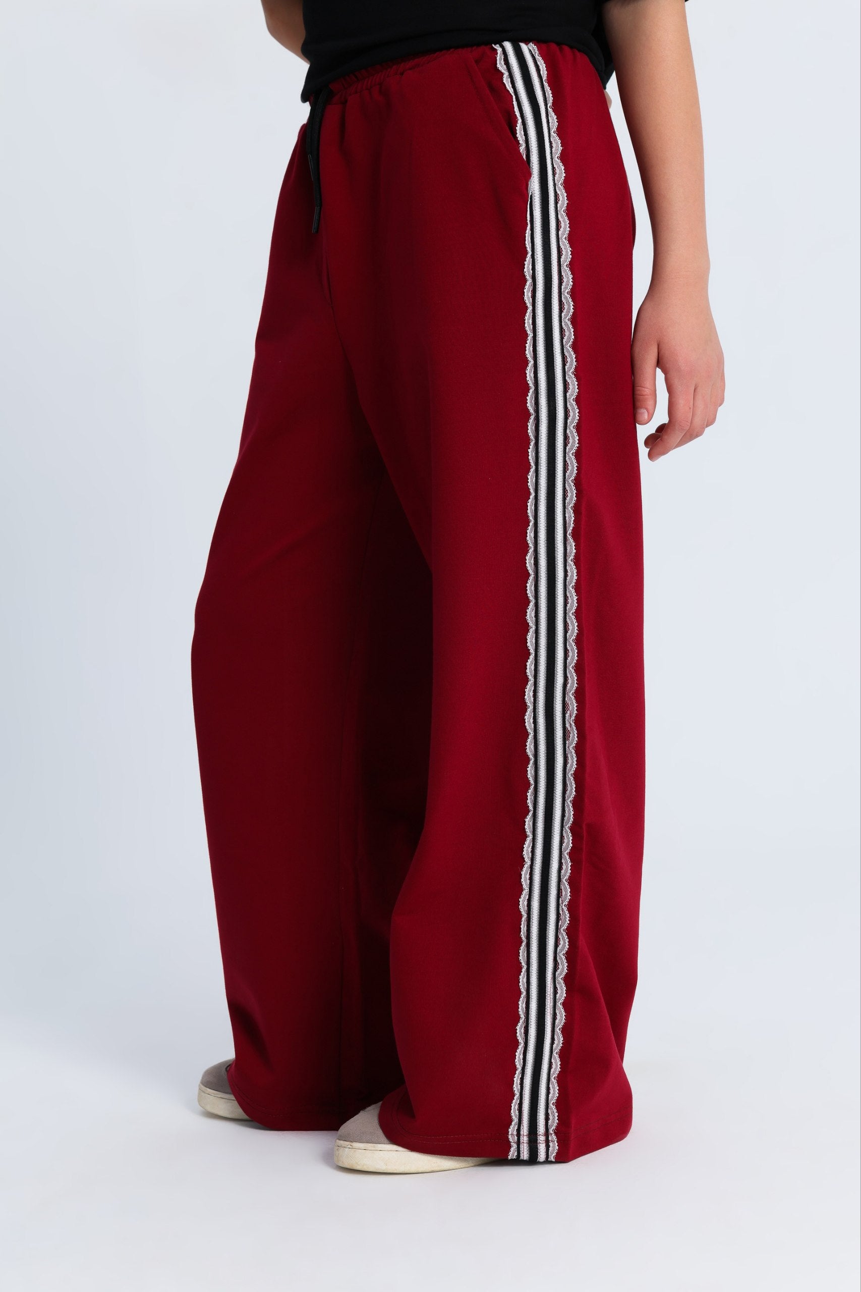 Girls Wide Leg Track Pants – Red Side Stripe Streetwear Pants