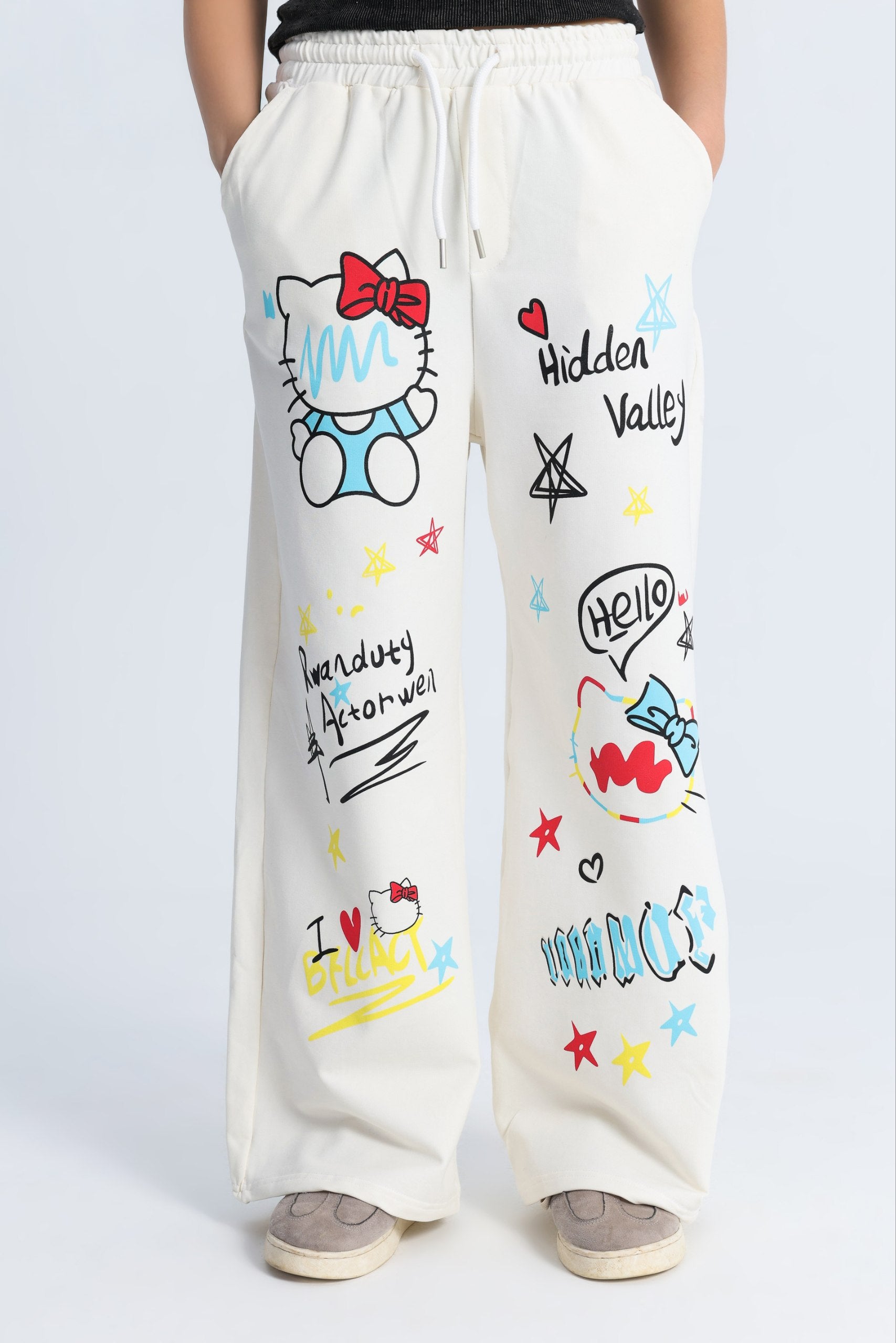 Girls Cartoon Wide Leg Sweatpants – White Graphic Streetwear Pants