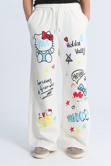 Girls Cartoon Wide Leg Sweatpants – White Graphic Streetwear Pants