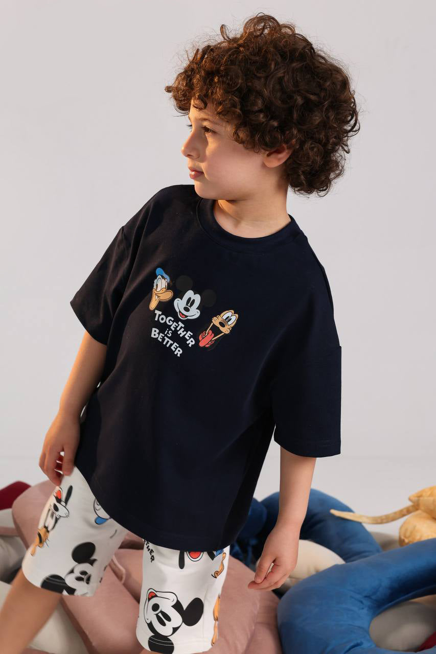 Disney Mickey & Friends Kids Summer Pajama Set – Navy Cotton T-Shirt & Printed Shorts