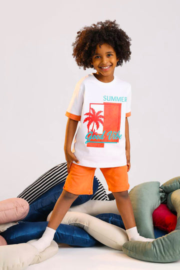 Kids Summer Cotton Pajama Set – Good Vibe Graphic T-Shirt & Orange Shorts