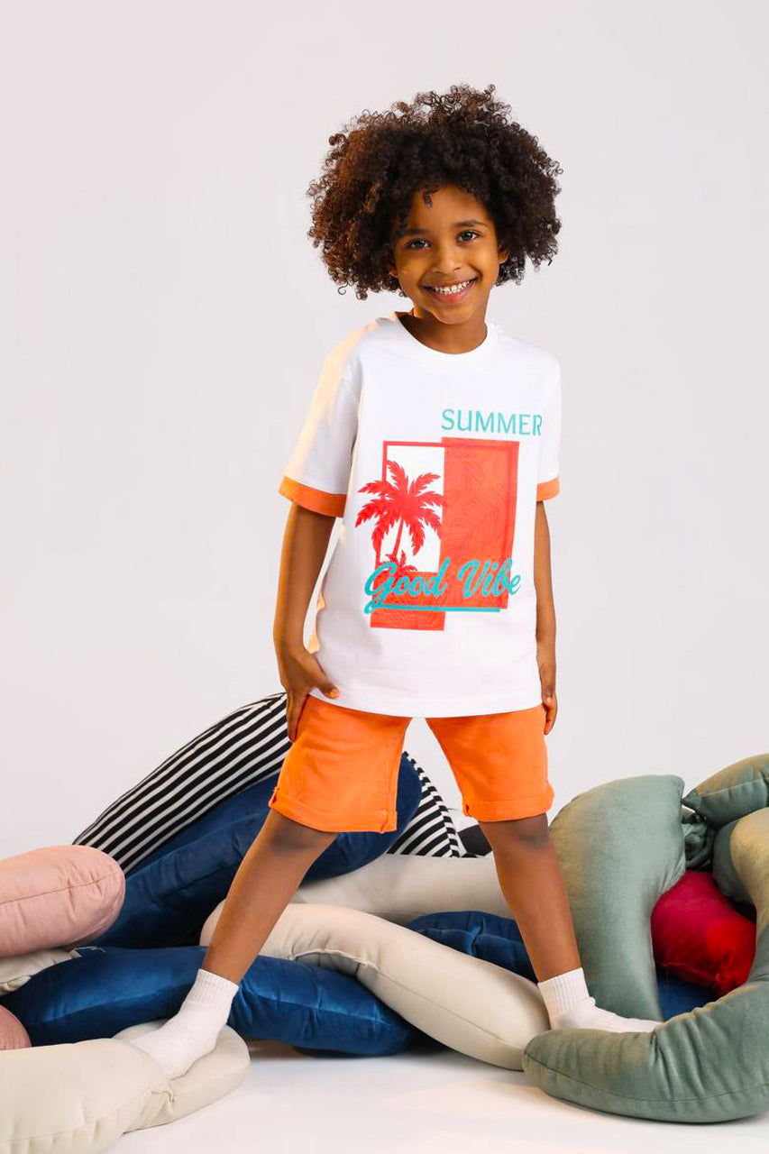 Kids Summer Cotton Pajama Set – Good Vibe Graphic T-Shirt & Orange Shorts