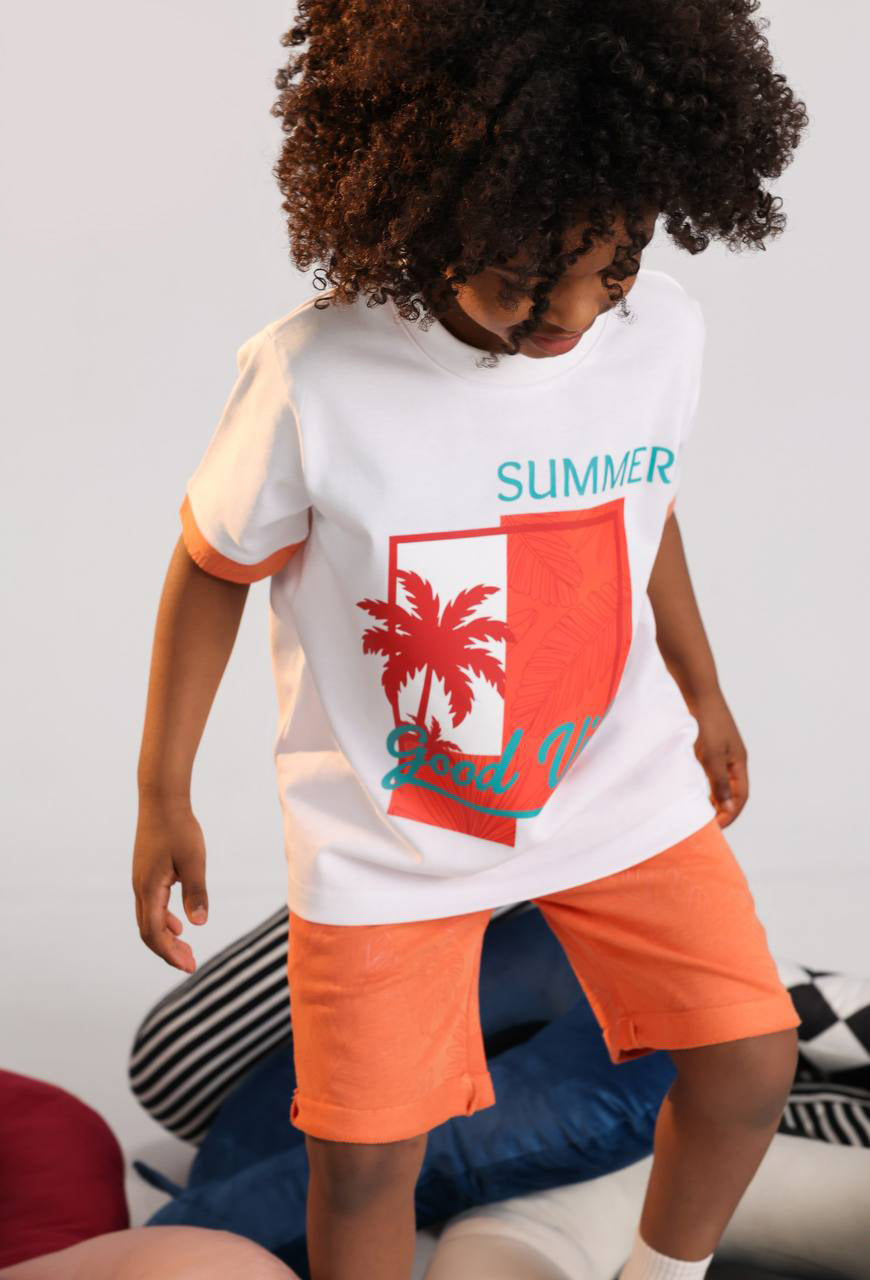 Kids Summer Cotton Pajama Set – Good Vibe Graphic T-Shirt & Orange Shorts