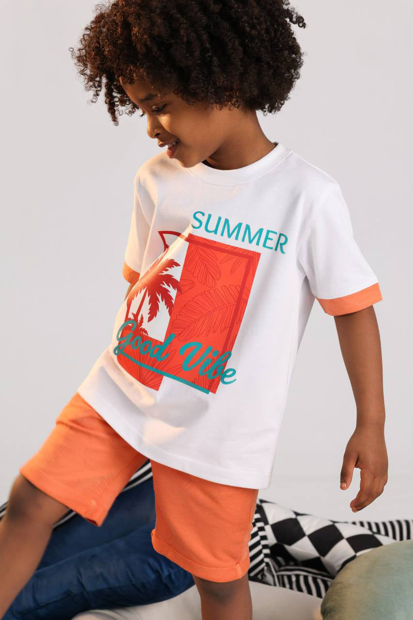 Kids Summer Cotton Pajama Set – Good Vibe Graphic T-Shirt & Orange Shorts