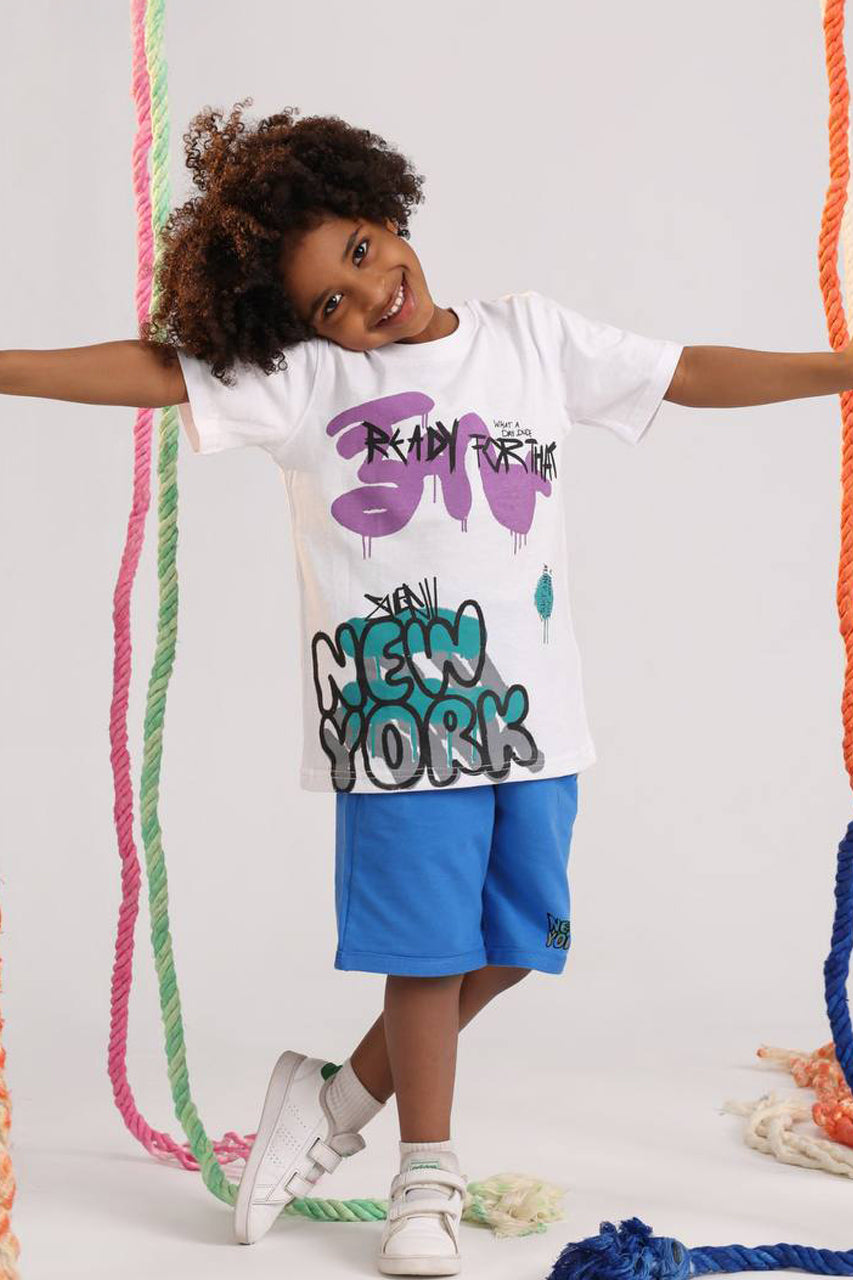 Boys New York graffiti summer set white oversized tee and blue shorts - Kikidoo Kids Egypt