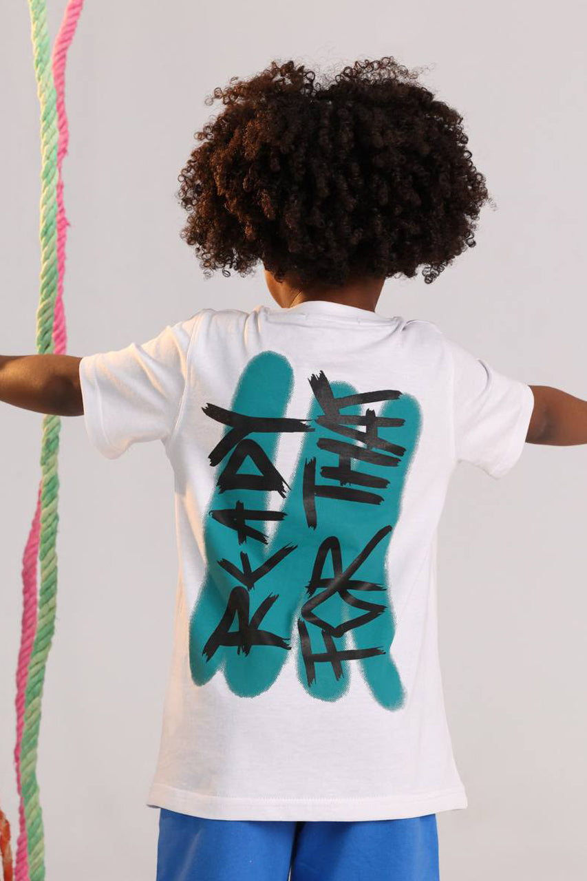 Boys New York graffiti summer set white oversized tee and blue shorts - Kikidoo Kids Egypt