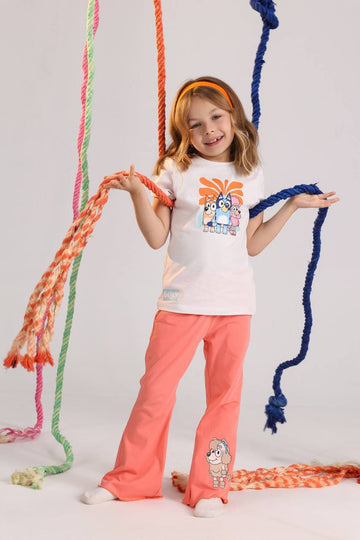 Girls Bluey Casual Set – Beige Graphic Tee & Pink Wide-Leg Pants