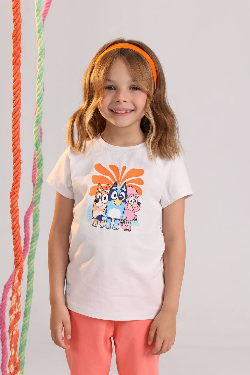 Girls Bluey Casual Set – Beige Graphic Tee & Pink Wide-Leg Pants