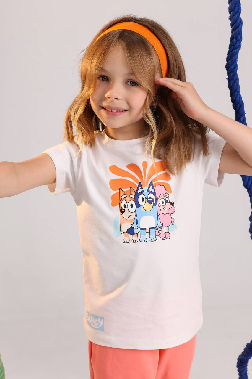 Girls Bluey Casual Set – Beige Graphic Tee & Pink Wide-Leg Pants