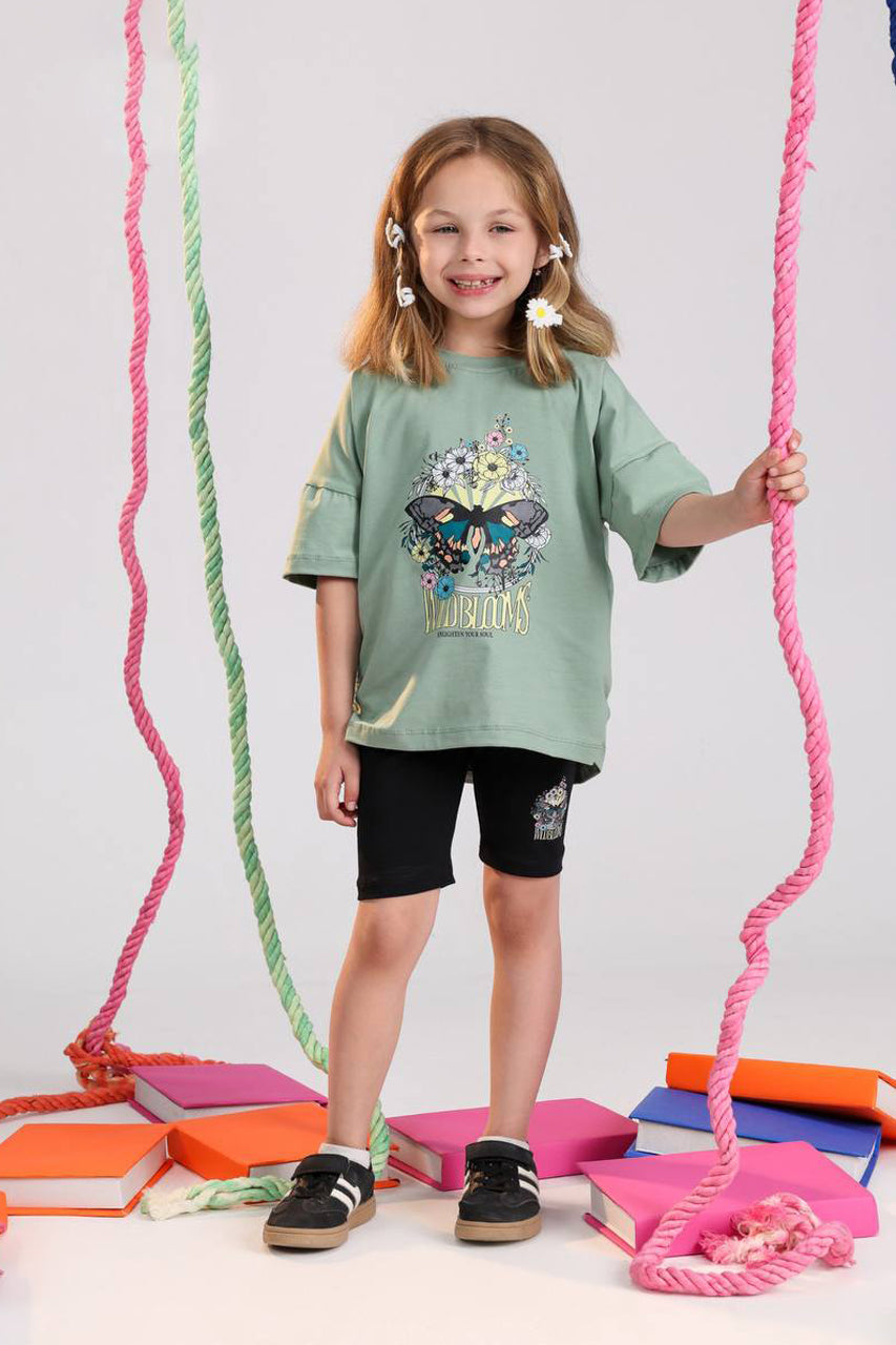 Girls Wild Blooms oversized summer set sage green tee and black biker shorts - Kikidoo Kids Egypt