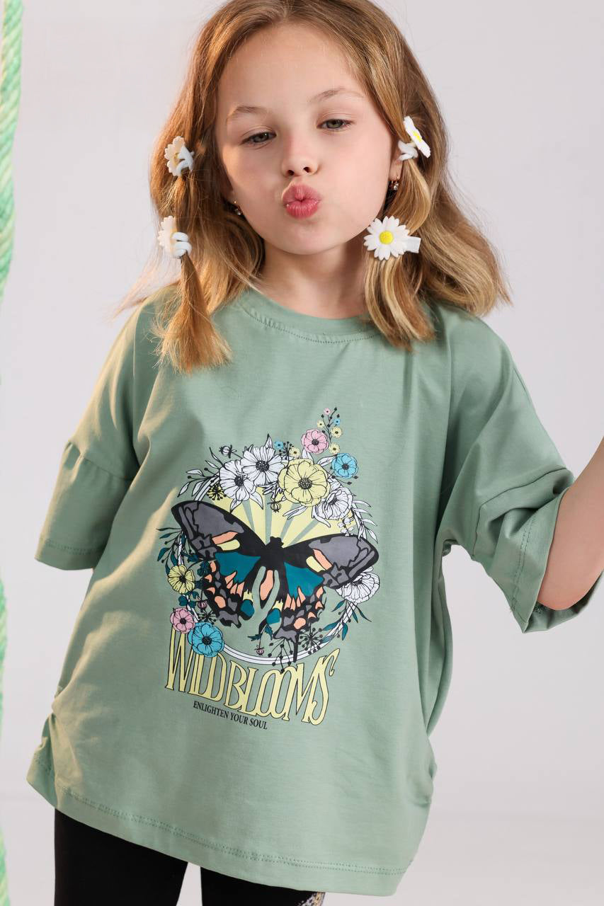 Girls Wild Blooms oversized summer set sage green tee and black biker shorts - Kikidoo Kids Egypt