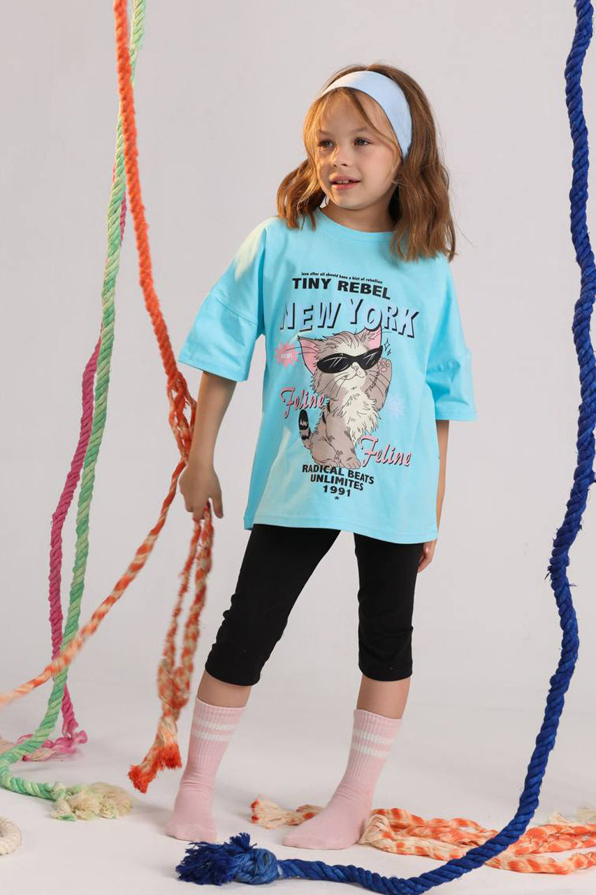 Girls Tiny Rebel cat summer set turquoise oversized tee and black leggings - Kikidoo Kids Egypt