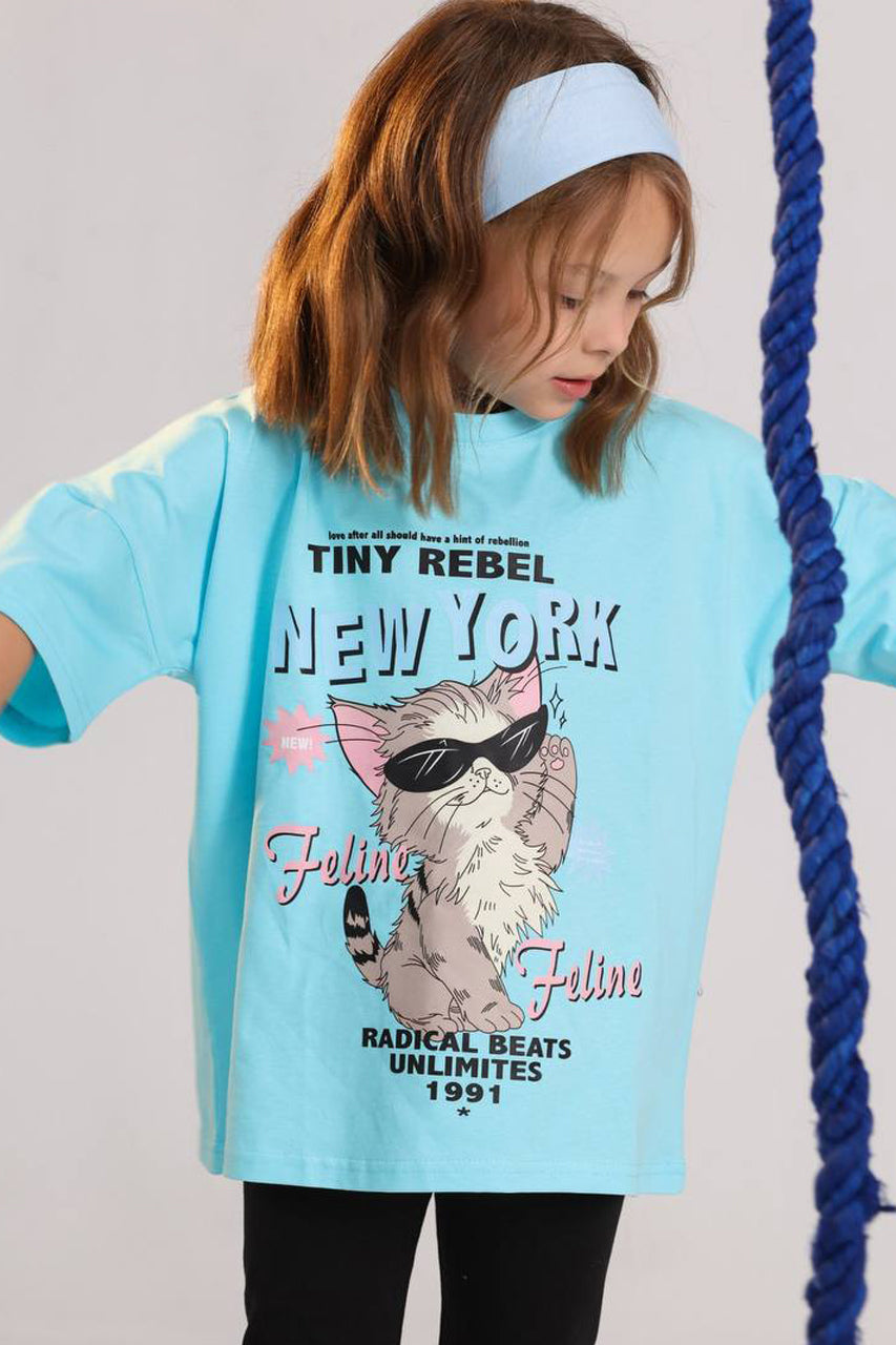 Girls Tiny Rebel cat summer set turquoise oversized tee and black leggings - Kikidoo Kids Egypt