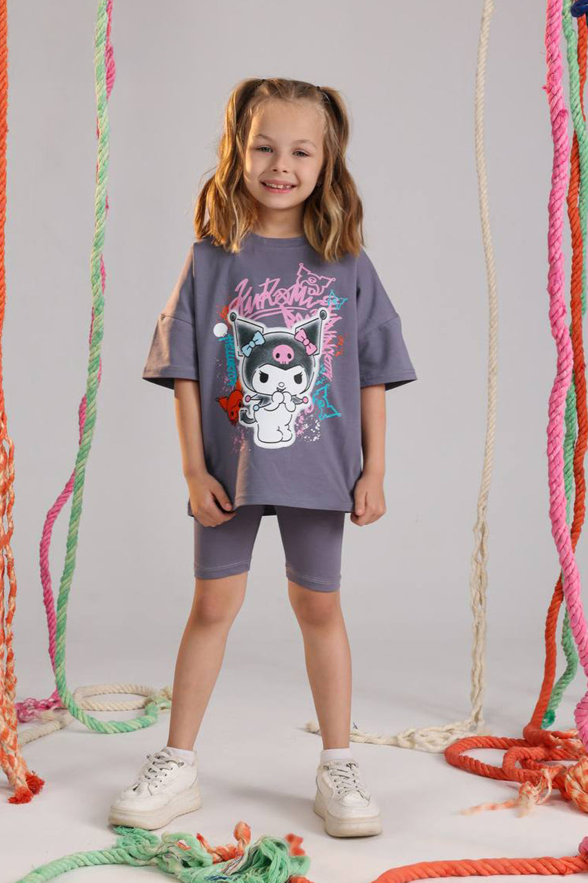 Girls Kuromi oversized summer set purple tee and biker shorts - Kikidoo Kids Egypt