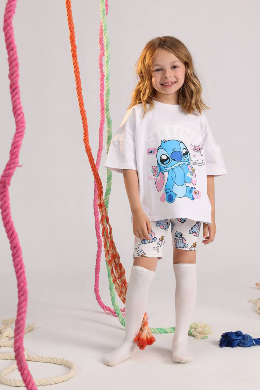 Girls Stitch oversized summer set white graphic tee and printed biker shorts - Kikidoo Kids Egypt
